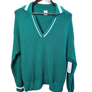 Xersion Shady Glade‎ Green Open Knit Loose Collar Top V-Neck Sweater Women M NWT